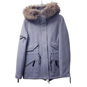 SAM. New York Mini Delancey Wool Blend Coat Gray REAL FUR Hood Trim Women's LRG